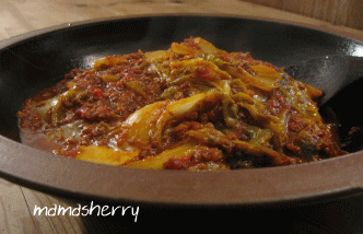 健康レシピの野菜レシピ、ひき肉レシピ：白菜とひき肉のトマト煮込みf